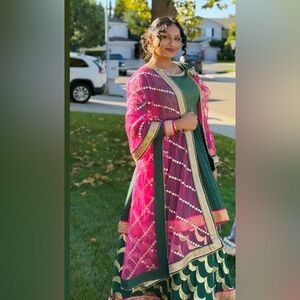 Pink and Green Embellished Dress with Gold Accents